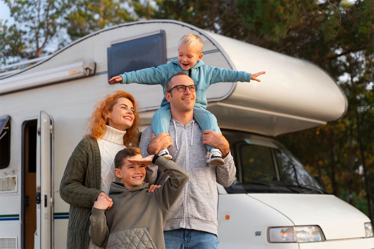 Famille profitant d'un voyage en camping-car
