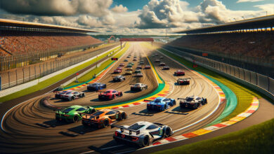 Course de voitures sportives sur circuit.